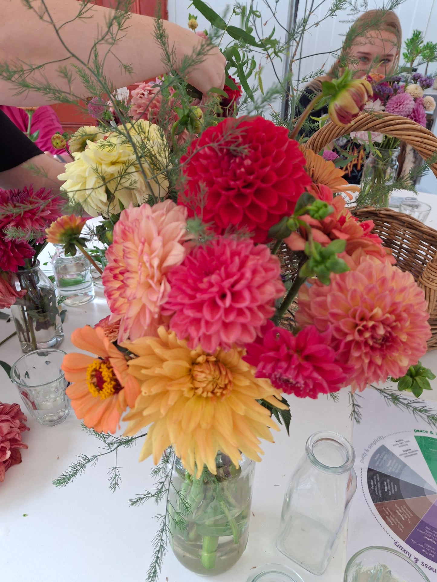 Colorful bouquet of flowers on a table in a mason jar with a color wheel in the background
