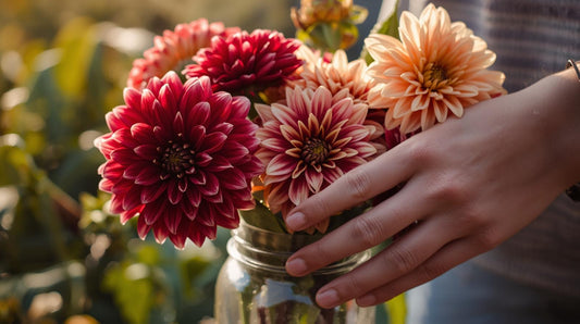 Hand holding a jar of pink and red dahlias 